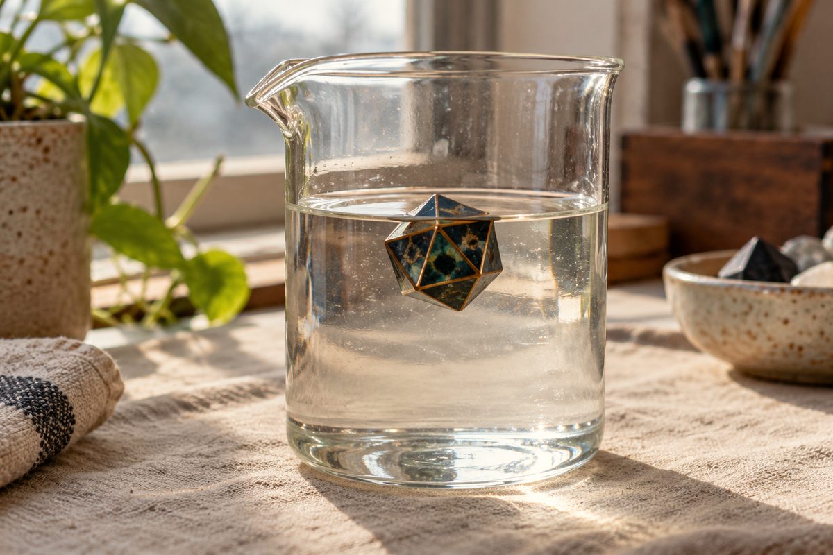 Polyhedral resin die floating in saline solution testing center-of-gravity balance