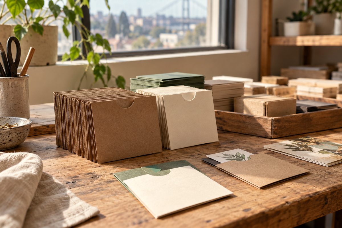 Kraft paper parcel boxes prepared for dispatch on Portland wooden workshop counter