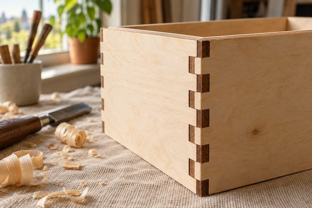 Extreme macro detail of laser-cut interlocking finger joint in 3mm Baltic birch organizer