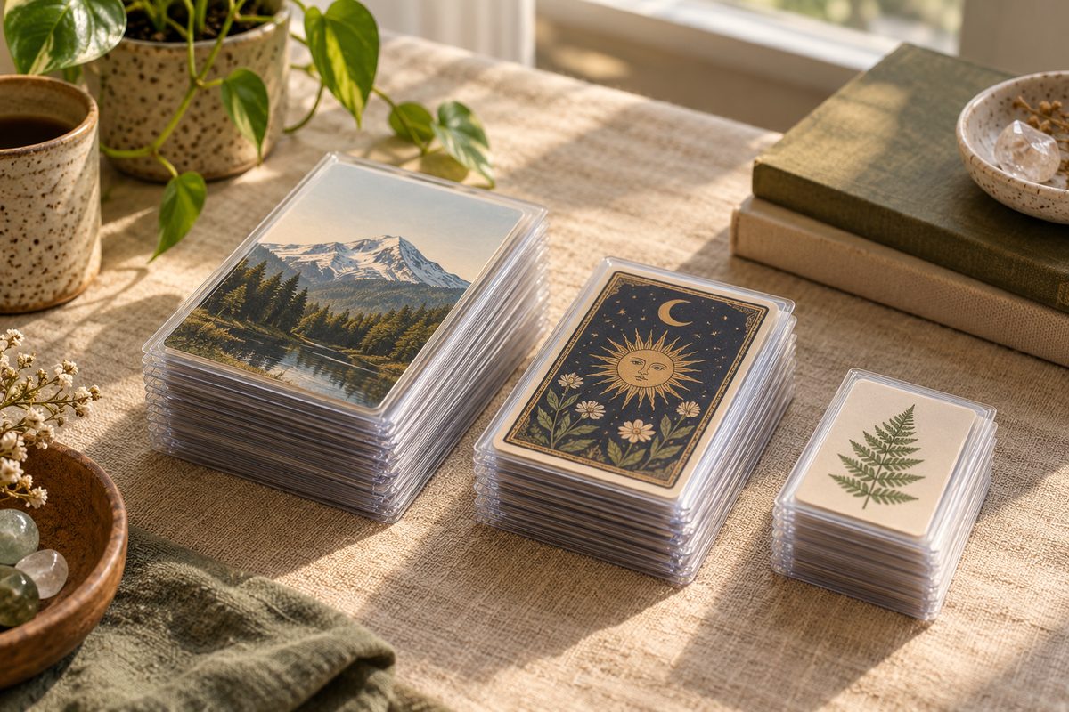 Stepped stacks of clear archival card sleeves in standard, tarot, and mini dimensions