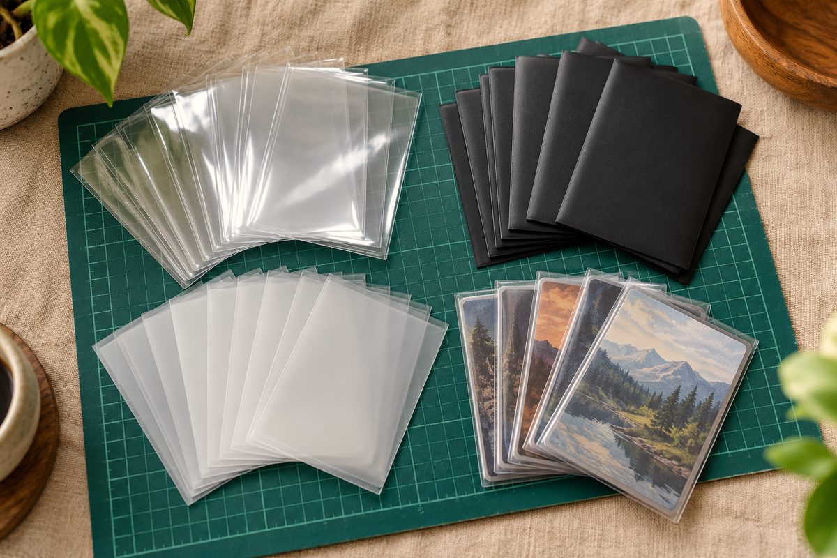Archival card sleeves with matte and gloss finishes fanned across workshop cutting mat