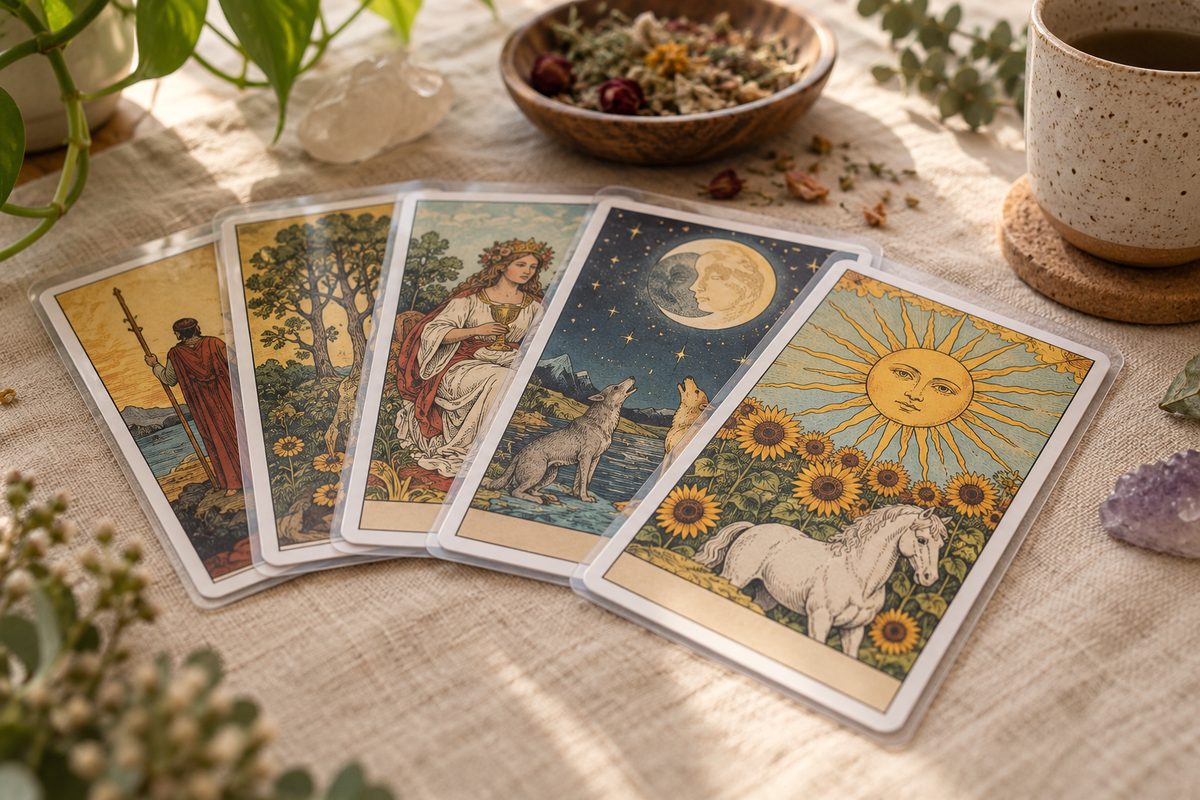 Oversized tarot adventure cards encased in heavyweight archival protective sleeves