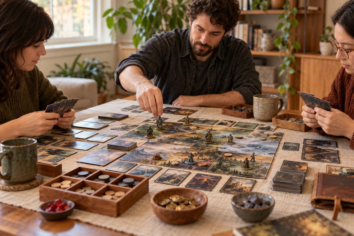 Active tabletop campaign gaming session utilizing custom organizers and heavy tokens
